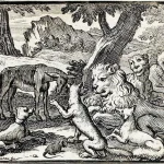 Gravure ancienne de François Chauveau illustrant une fable de La Fontaine avec un lion entouré d’animaux