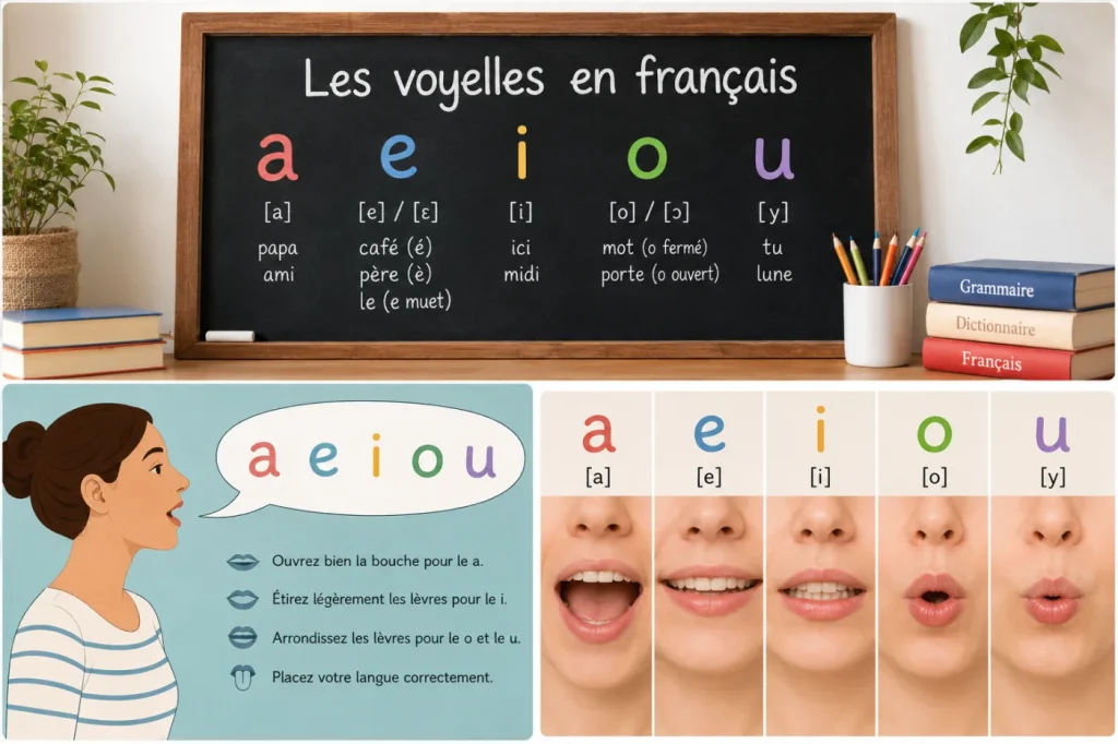 Tableau des voyelles françaises a, e, i, o, u avec leur transcription phonétique et la position des lèvres