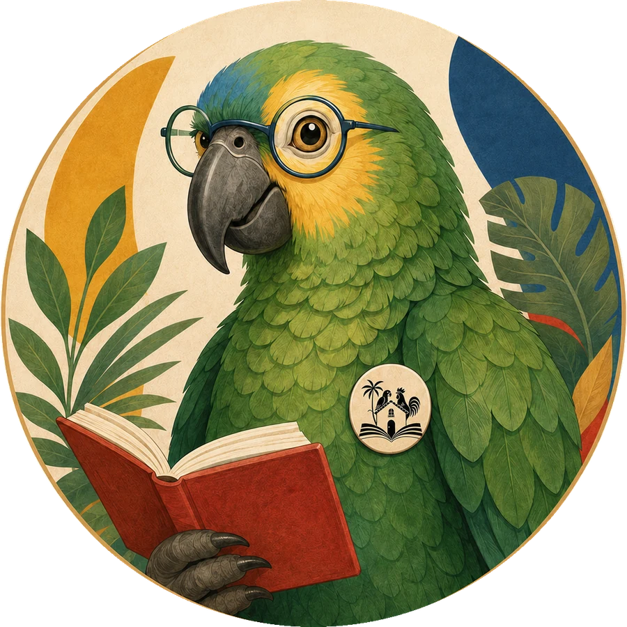 Mascotte des Éditions Las Casitas : un perroquet vert à lunettes lisant un livre